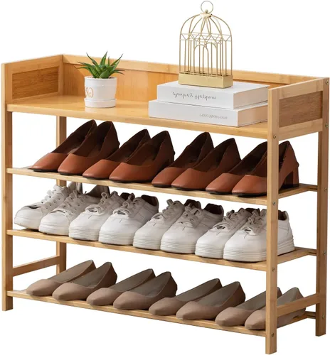 Vista 12 de latifolia Zapatero de bambú, organizador de 4 niveles para entrada, sala de estar (marrón, 31.40 pulgadas de largo)