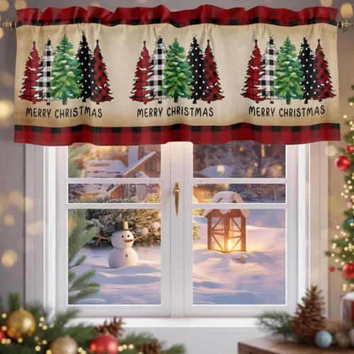 Vista 2 de Cortina de cenefas para cocina, cafetería, cenefa retro para ventana de árbol de Navidad, 1 panel, cortinas cortas de 42 x 12 pulgadas, bolsillo