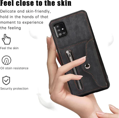 Vista 8 de Funda para teléfono Samsung Galaxy A71 5G con protector de pantalla de vidrio templado y correa cruzada para la muñeca, cordón para tarjeta de Negro