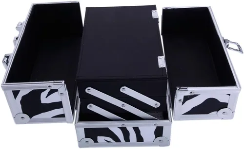 Vista 4 de Caja de tren de maquillaje de aluminio ligero, joyero, organizador de cosméticos con espejo (9.06 x 5.91 x 5.91) (largo x ancho x alto) cebra