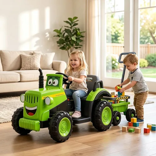 Vista 4 de Tractor de paseo para niños de 12 V con remolque y control remoto de 2.4 G, vehículo eléctrico extragrande con neumáticos EVA, música Bluetooth Verde