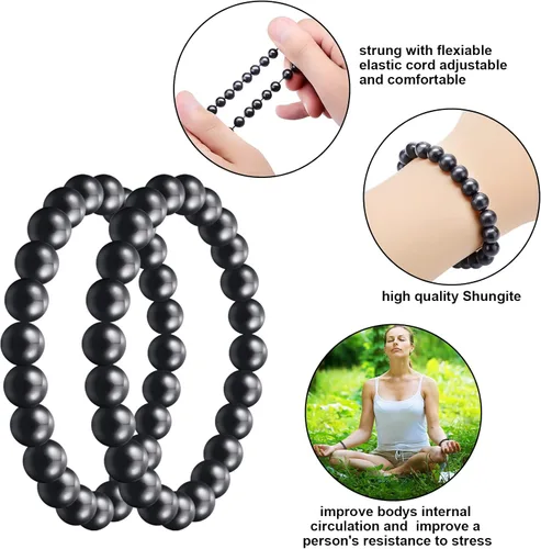 Vista 7 de Hicarer 2 pulseras de shungita negras con cuentas de shungita, piedras elásticas de cristal, joyería energética, poderoso defensor espiritual