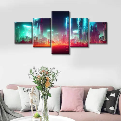 Vista 177 de Cuadros de 5 paneles de Cyberpunk City, arte de pared, representación de vallas publicitarias, edificios modernos en la capital con obras de arte