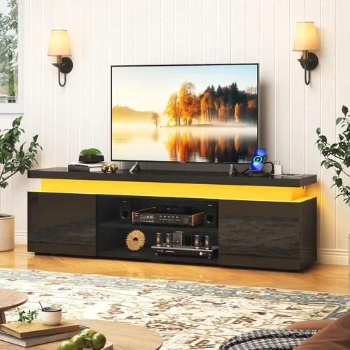 Vista 3 de Hlivelood Soporte de TV LED para TV de 75 pulgadas, moderno soporte de TV con toma de corriente, consola de TV de alto brillo con almacenamiento