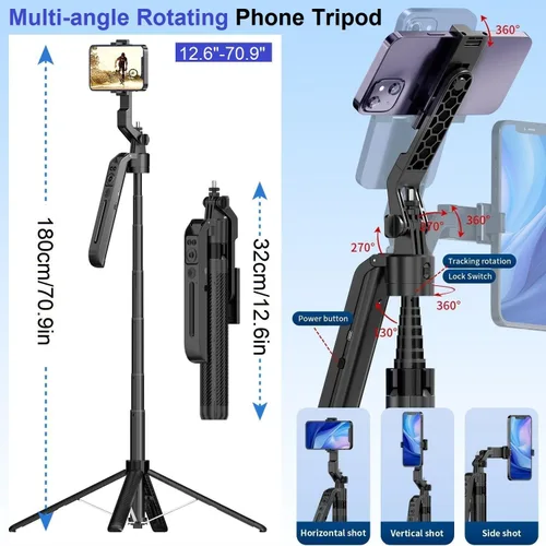 Vista 4 de Trípode para selfie stick de seguimiento facial automático para iPhone, rotación de 360° con control remoto, trípode de cámara de teléfono de 71