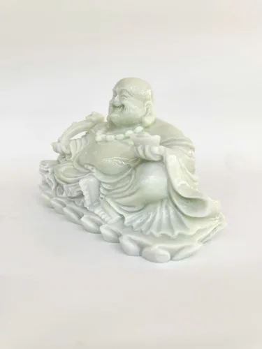 Vista 3 de Estatua tallada de mármol blanco y verde de 7.9 pulgadas, Buda sentado y riendo Feng Shui para buena suerte, riqueza y felicidad, decoración