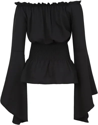 Vista 3 de Blusa renacentista con hombros descubiertos y manga larga tipo trompeta para mujer, disfraz de campesina, época medieval o victoriana.