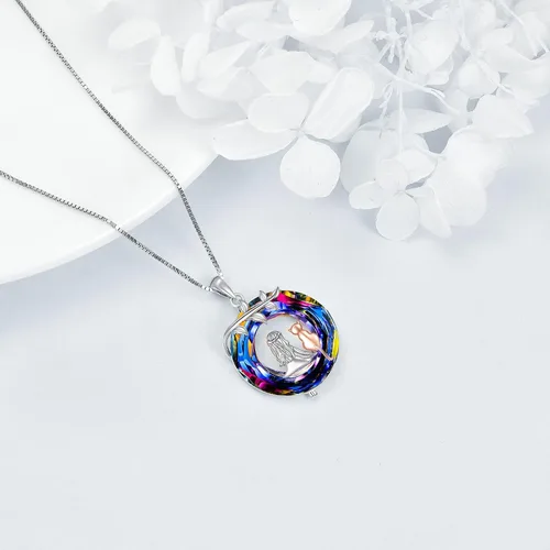 Vista 4 de LUHE Collar de cristal de plata de ley 925 con colgante de oso dragón y reina caballo y niñas, lobo, búho, fénix, gato y niña, regalo de joyería