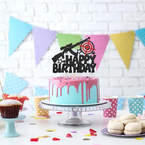 Vista 7 de Decoración para tartas de cumpleaños con temática de disparos de pistola, decoración de pastel de cumpleaños para hombre