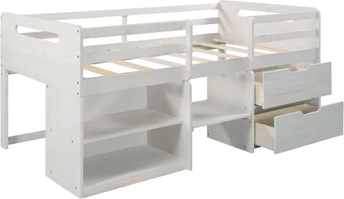 Vista 5 de Cama tipo loft baja individual con dos estantes de almacenamiento, dos cajones, barandilla de longitud completa, marco de cama tipo loft de madera