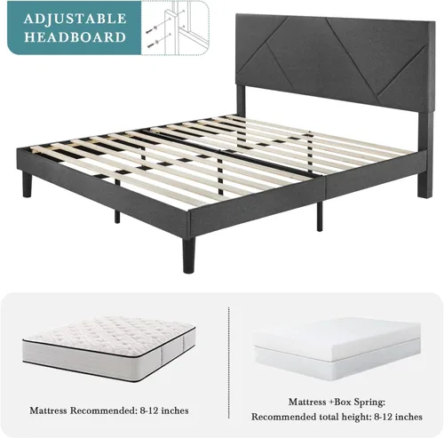 Vista 5 de HOOMIC Base de cama tamaño King, plataforma tapizada con cabecera de tela geométrica, espacio de almacenamiento debajo de la cama de 8 pulgadas