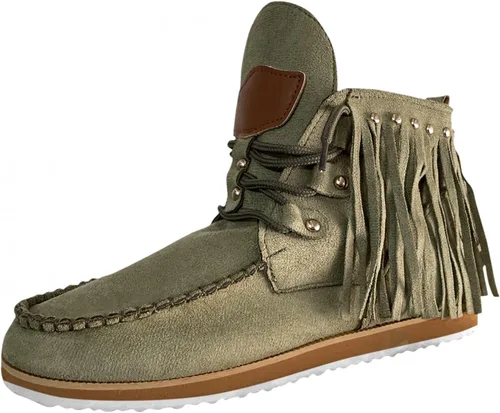 Vista 3 de Botas de tobillo para mujer, de gamuza, planas, cortas, estilo retro, con flecos, botas vaqueras, punta redonda, zapatos de otoño con flecos romanos