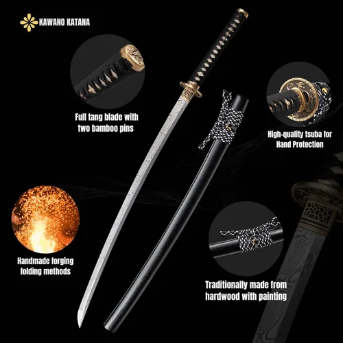 Vista 6 de Espada Katana KAWANO, espada japonesa de Damasco de acero plegable hecha a mano, espada samurái de lama completa funcional, mango de Rayskin real