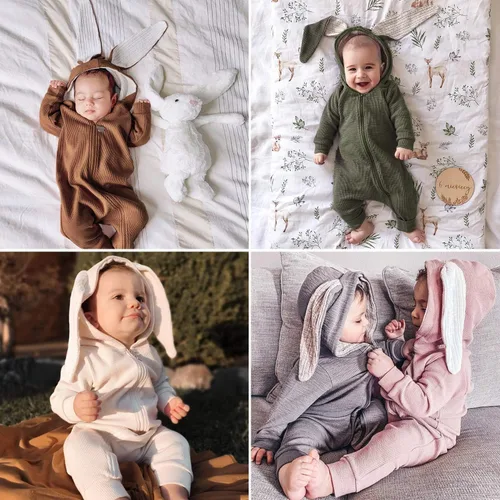 Vista 27 de Simplee Kids Enterizo con diseño de conejo de Pascua con capucha, para bebé, overol con cremallera y orejas largas