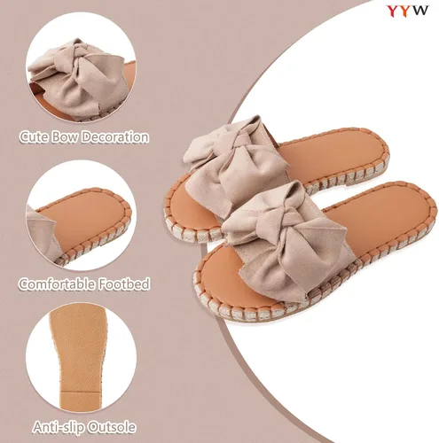 Vista 2 de YYW Sandalias planas para mujer, sin cordones, puntera abierta, estilo casual con adorno de lazo para verano, al aire libre, interiores