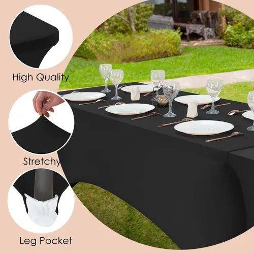 Vista 4 de Paquete de 2 manteles de elastano negro de 6 pies – Manteles ajustados – Mantel elástico de ajuste universal para mesas plegables – Sin arrugas