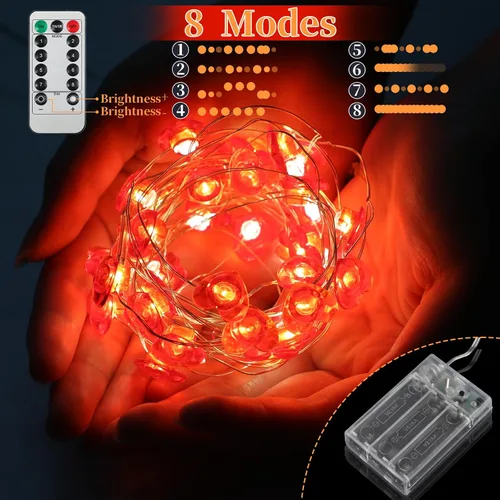 Vista 3 de CCINEE Guirnalda de luces rojas en forma de corazón para el día de San Valentín, funciona con pilas, con control remoto, 10 pies, 40 luces LED