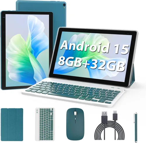 Vista 8 de Tablet Android 15 de 10 pulgadas, Tabletas 2 en 1 con Funda para Teclado Ratón Lápiz Óptico, 6GB RAM 32GB ROM 1TB Expandible, Procesador Quad Core