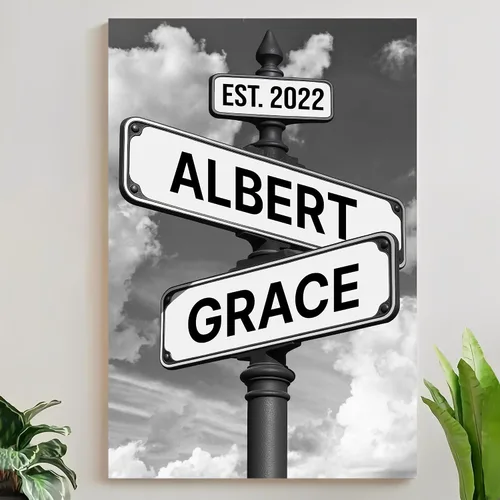 Vista 18 de Mapileng Lienzo personalizado de Crossroads Street Sign para parejas, nombres personalizados y fecha, arte de pared vintage, regalo del día de San