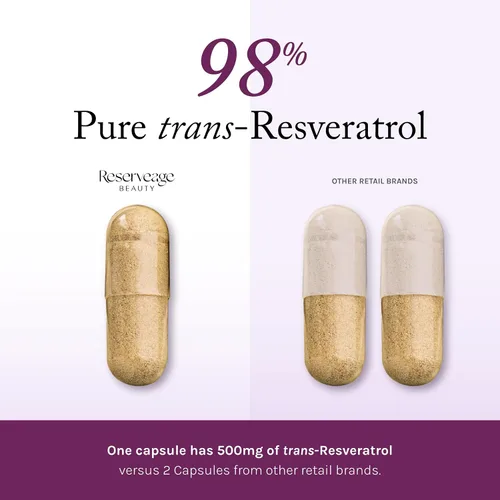 Vista 3 de Reserveage Beauty, Resveratrol 500 mg, suplemento antioxidante para la salud cardíaca y celular, apoya el envejecimiento saludable y el sistema