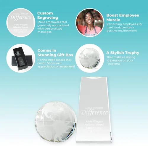 Vista 3 de Trofeo grabado – Cristal ejecutivo – Globo señorial en base rectangular – Viene en caja de regalo – Premio para empleados Estilo personalizado