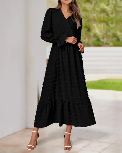 Vista 4 de BTFBM Vestidos de otoño 2023 para mujer, manga larga, cuello en V, lunares suizos, vestido largo bohemio, vestido largo de cintura alta, vestido