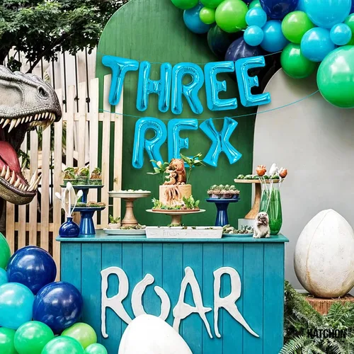 Vista 9 de Globos azules grandes de 16 pulgadas Tres Rex decoraciones de cumpleaños