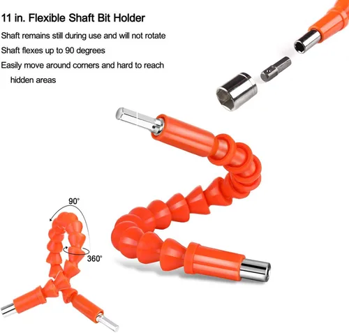 Vista 4 de Juego de 21 extensiones de brocas flexibles de 11.6 pulgadas, vástago hexagonal de 1/4 pulgadas, extensión de taladro flexible universal para Naranja