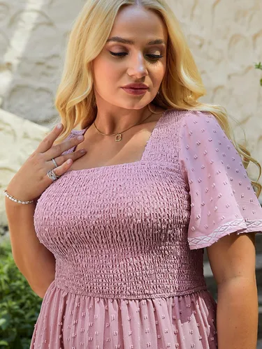 Vista 6 de Glamaker Vestido de Verano Casual de Manga Corta con Cuello Cuadrado Fruncido Talla Grande para Mujer Vestido Midi Suelto Línea A Vestido Largo