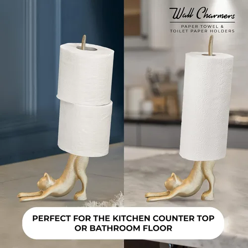 Vista 3 de WallCharmers Soporte para toallas de papel dorado, soporte de papel higiénico o de cocina de metal para piso o encimera, gato dorado