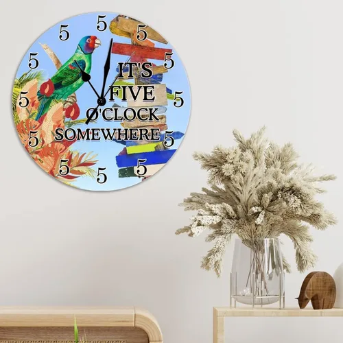 Vista 4 de Reloj de pared de madera con texto en inglés "It's Five O'clock Somewhere" - Reloj de pared de madera con loro costero tropical, cóctel, reloj
