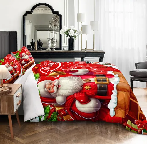 Vista 3 de Juego de edredón navideño de 4 piezas Papá Noel con copo de nieve blanco y rojo, juego de edredón con impresión de Navidad, festival de Navidad