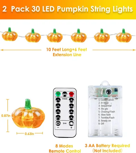 Vista 5 de Paquete de 2 guirnaldas de 30 luces LED de calabaza para decoración de otoño, funciona con pilas 20FT, 3D Pumpkin Fairy Twinkle Lights with Timer