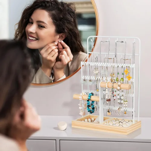 Vista 6 de Jewelry Organizer, Earring Holder Organizer Jewelry Stand with Tray, 8-Tier Jewelry Display Rack with 13 Hooks for Necklace Bracelet, 96 Holes for