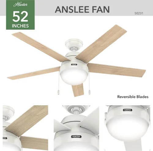 Vista 6 de Hunter Anslee, Ventilador de techo, para interiores, con luz LED, 52 pulgadas, blanco fresco Montaje estándar, cadena de tracción, 5 cuchillas