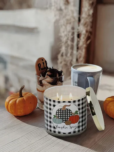 Vista 2 de Vela de calabaza, regalo de velas de Acción de Gracias, vela de otoño, vela perfumada con especias de calabaza, 3 mechas grandes, 14 onzas