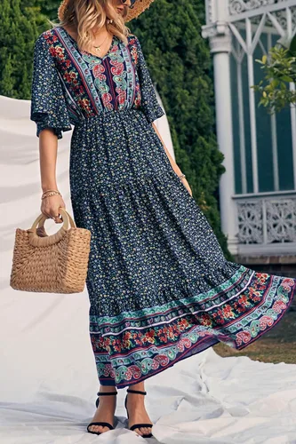 Vista 7 de PRETTYGARDEN - Vestido bohemio casual de verano para mujer, con estampado floral, cuello en V, manga corta, cintura alta, largo hasta el piso