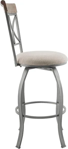 Vista 8 de Powell Hamilton Taburete giratorio de 30 pulgadas de altura de asiento con asiento tapizado gris claro y respaldo de madera Greywash