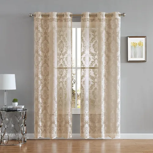 Vista 5 de LinenZone Par de 2 paneles de cortina de encaje de punto con parte inferior festoneada. Elegantes cortinas de encaje de granja para sala de estar