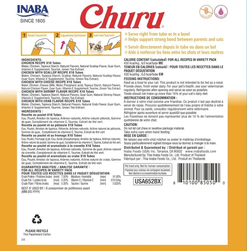 Vista 2 de INABA Churu - Golosinas para gatos, sin granos, puré cremoso para gatos, variedad de pollo