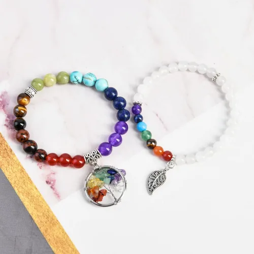 Vista 2 de YGLINE Pulseras de piedra curativa de yoga del árbol de la vida, juego de pulseras de reiki de piedra de chakra de loto multicapa, piedra natural