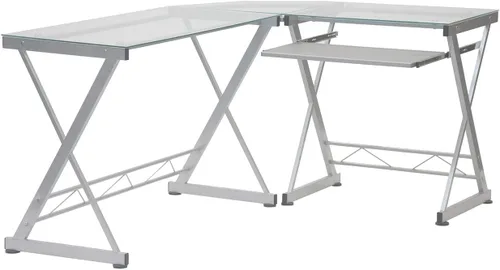 Vista 5 de Scranton & Co Escritorio moderno para computadora en forma de L, vidrio y acero, acabado transparente, 29.5 pulgadas de alto x 61.75 pulgadas