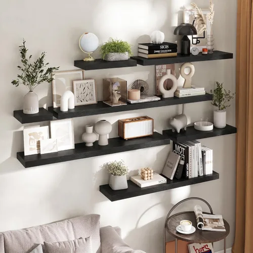 Vista 6 de 16 Inch Floating Shelves for Wall 2 Pack, 8"D Wood Grain Bathroom Shelves Acabado negro