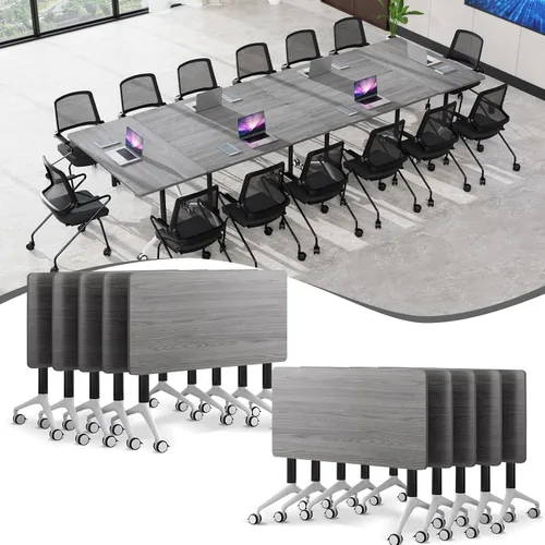 Vista 21 de Mesa de sala de conferencias, mesa de conferencias de 55.1 pulgadas con ruedas, moderna mesa de entrenamiento de conferencias de color madera Nuez