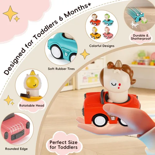 Vista 5 de Juguete de coche Press and Go para niños pequeños de 1 a 3 años, auto de empuje de animales alimentado por fricción, no necesita pilas, sin BPA