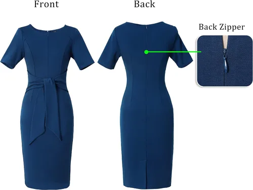 Vista 5 de VFSHOW Vestido de tubo ajustado con cremallera frontal y lazo en la cintura para mujer, para el trabajo, negocios, oficina, bodycon