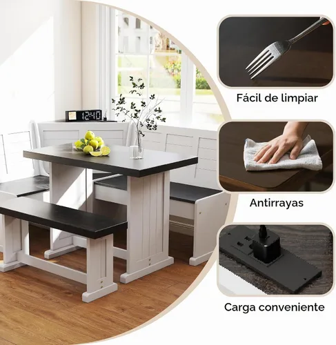 Vista 5 de Rincón de Desayuno Mesa de Comedor de Esquina de Cocina Juego de Banco y Silla, con Puertos de Carga, Almacenamiento Oculto que Ahorra Espacio 3-5