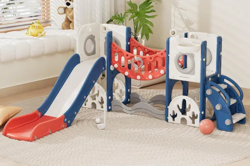 Vista 7 de Conjunto de juegos de parque infantil para niños pequeños con arco de escalada, juego de golf, tobogán y aro de baloncesto - Juguetes