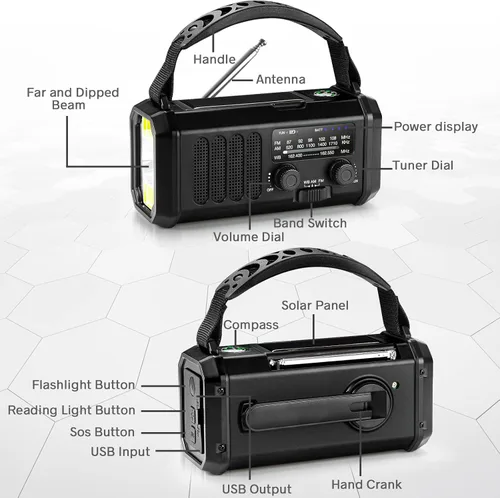 Vista 8 de Radio de emergencia con manivela de 10000 mAh, radio meteorológica NOAA con radio AM/FM y solar, batería recargable, linterna y luz de lectura