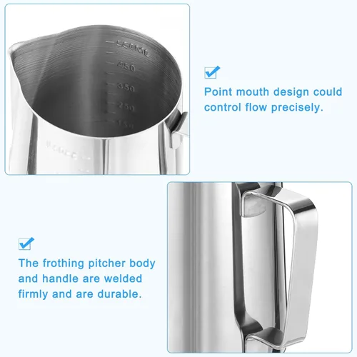 Vista 4 de uxcell Jarra de espuma de leche con líneas de escala, jarra de vapor de café de acero inoxidable de 20 oz/20.3 fl oz, accesorios para máquina